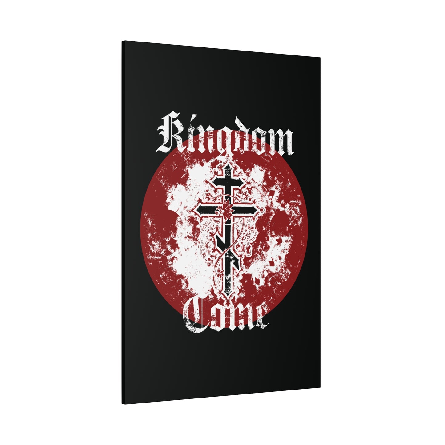 Kingdom Come" Orthodox Christian canvas art features ornate crosses, a vine, and textured Gothic font on a black background with distressed red and white circles, inspired by the Lord’s Prayer.