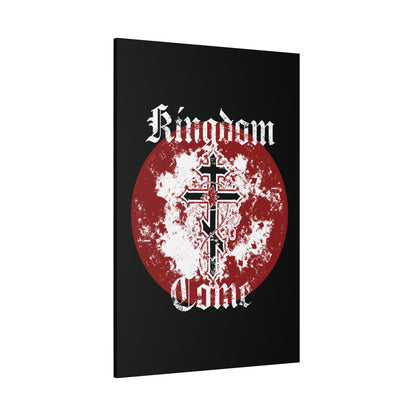 Kingdom Come" Orthodox Christian canvas art features ornate crosses, a vine, and textured Gothic font on a black background with distressed red and white circles, inspired by the Lord’s Prayer.