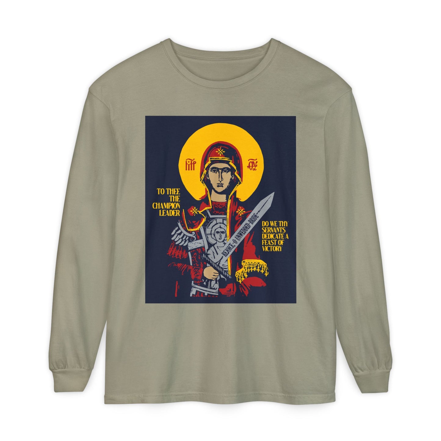 To Thee the Champion Leader | Mother of God | Theotokos with Sword IconoGraphic | Orthodox Christian Long Sleeve Shirt