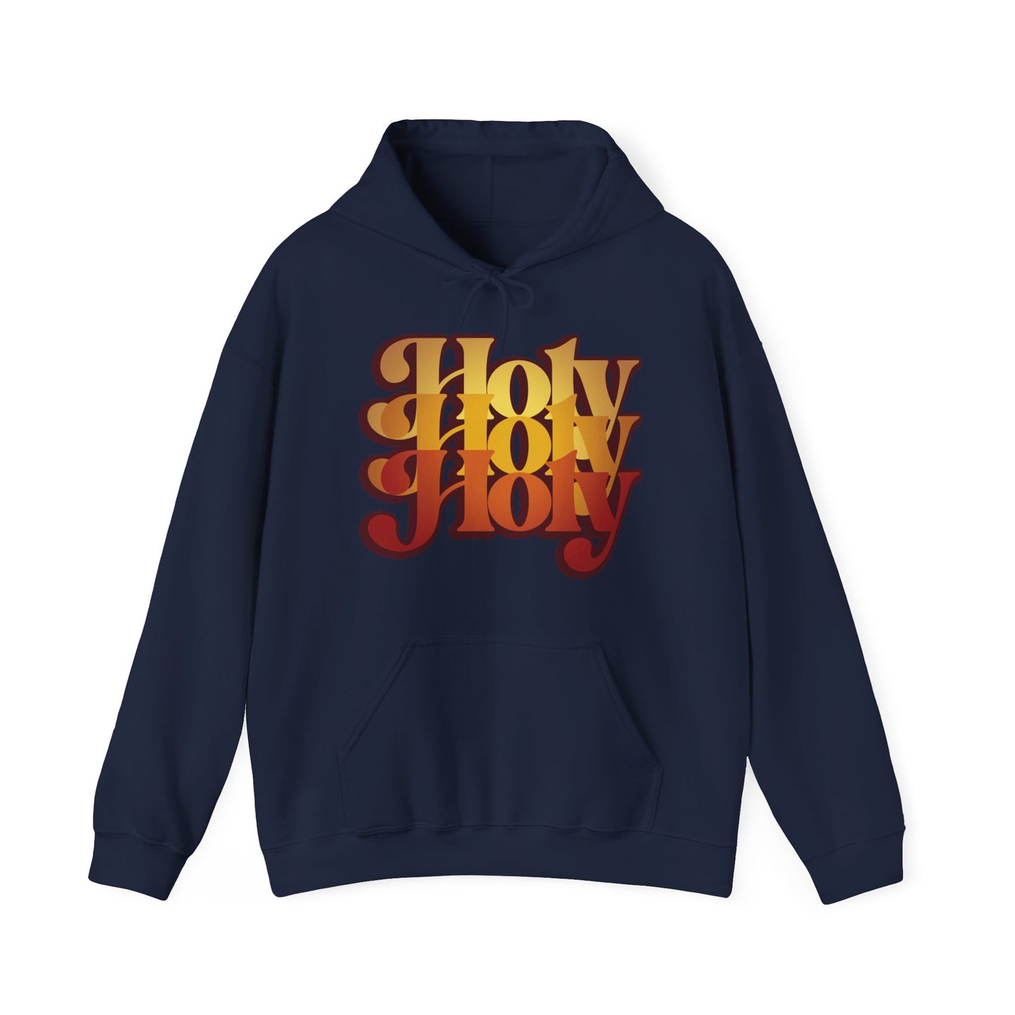 Navy Holy Holy Holy Trisagion Liturgical Prayer hoodie features bold 70s style yellow and red gradient text inspired by Isaiah 6, with references to Cherubim & Seraphim and Orthodox Christian tradition.