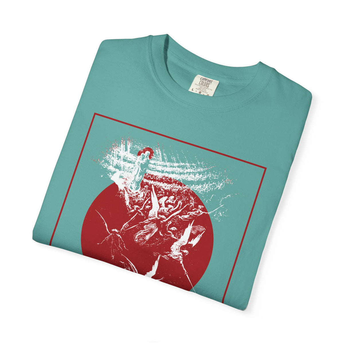 Teal folded Infinite Benevolence Will Seem Menacing to the Unrepentant t-shirt with a red circle and Judge graphic.