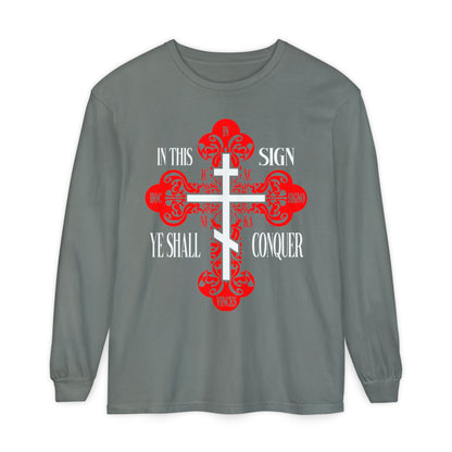 Grey long-sleeve shirt with a red ornate Orthodox Cross and "In this sign ye shall conquer" in white text. Product name: In This Sign Ye Shall Conquer | In Hoc Signo Vinces | ICXC NIKA | Jesus Christ Conquers.