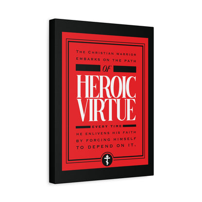 This wall art, "Christian Warrior | Path of Heroic Virtue," features bold red and black canvas with white and red lettering, celebrating faith and ascetic ethos inspired by Phil 4:13—"I can do all things through Christ.