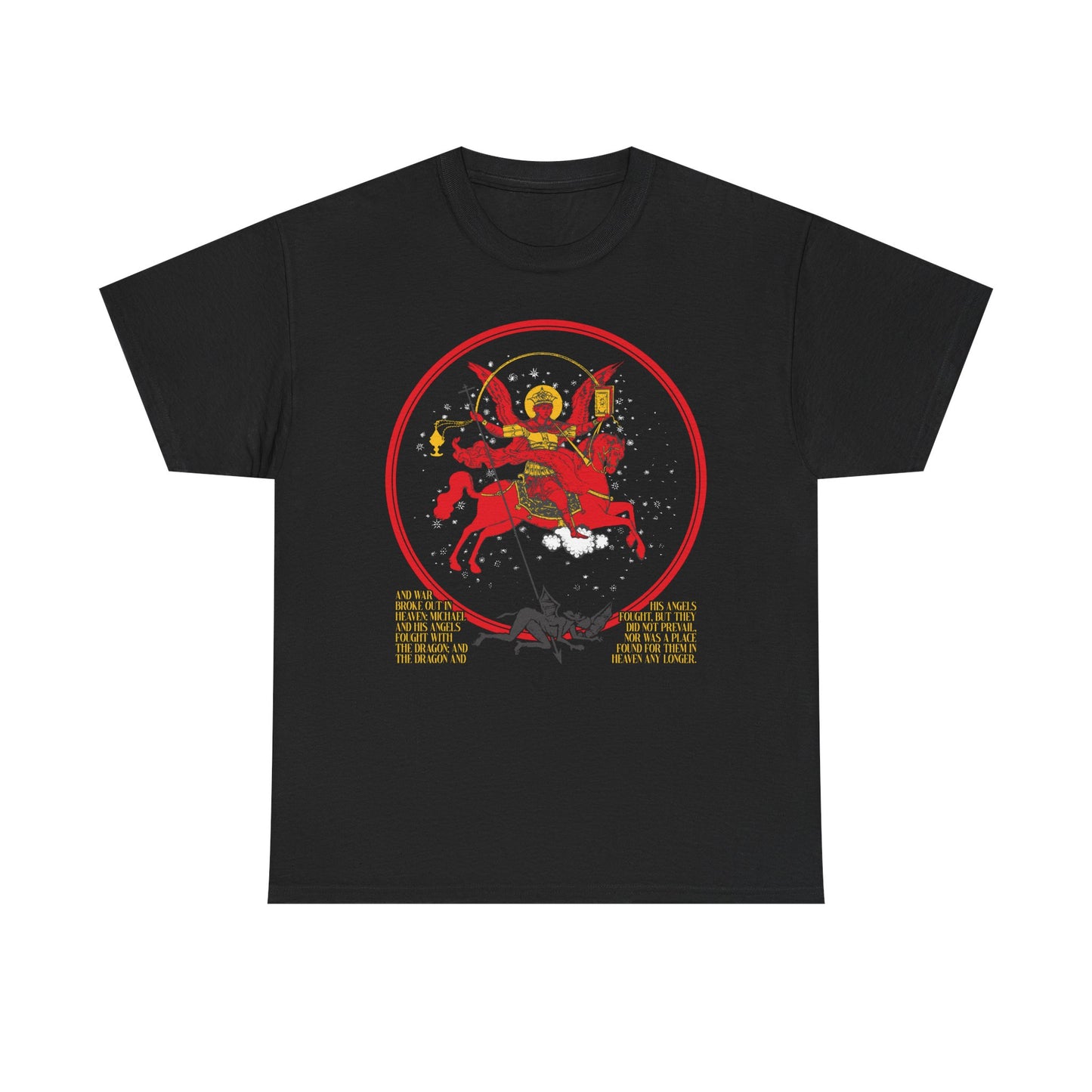 Black "Archangel Michael of the Apocalypse" double-sided Orthodox tee with a vivid icon of Michael on a red horse slaying a dragon, referencing Revelation 12:7-9, and "Death is Swallowed Up In Victory" text below. Midweight cotton, unisex.