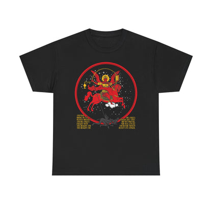 Black "Archangel Michael of the Apocalypse" double-sided Orthodox tee with a vivid icon of Michael on a red horse slaying a dragon, referencing Revelation 12:7-9, and "Death is Swallowed Up In Victory" text below. Midweight cotton, unisex.