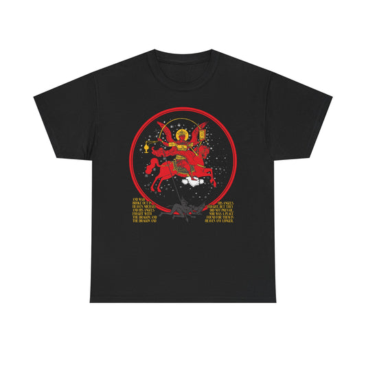 Black "Archangel Michael of the Apocalypse" double-sided Orthodox tee with a vivid icon of Michael on a red horse slaying a dragon, referencing Revelation 12:7-9, and "Death is Swallowed Up In Victory" text below. Midweight cotton, unisex.