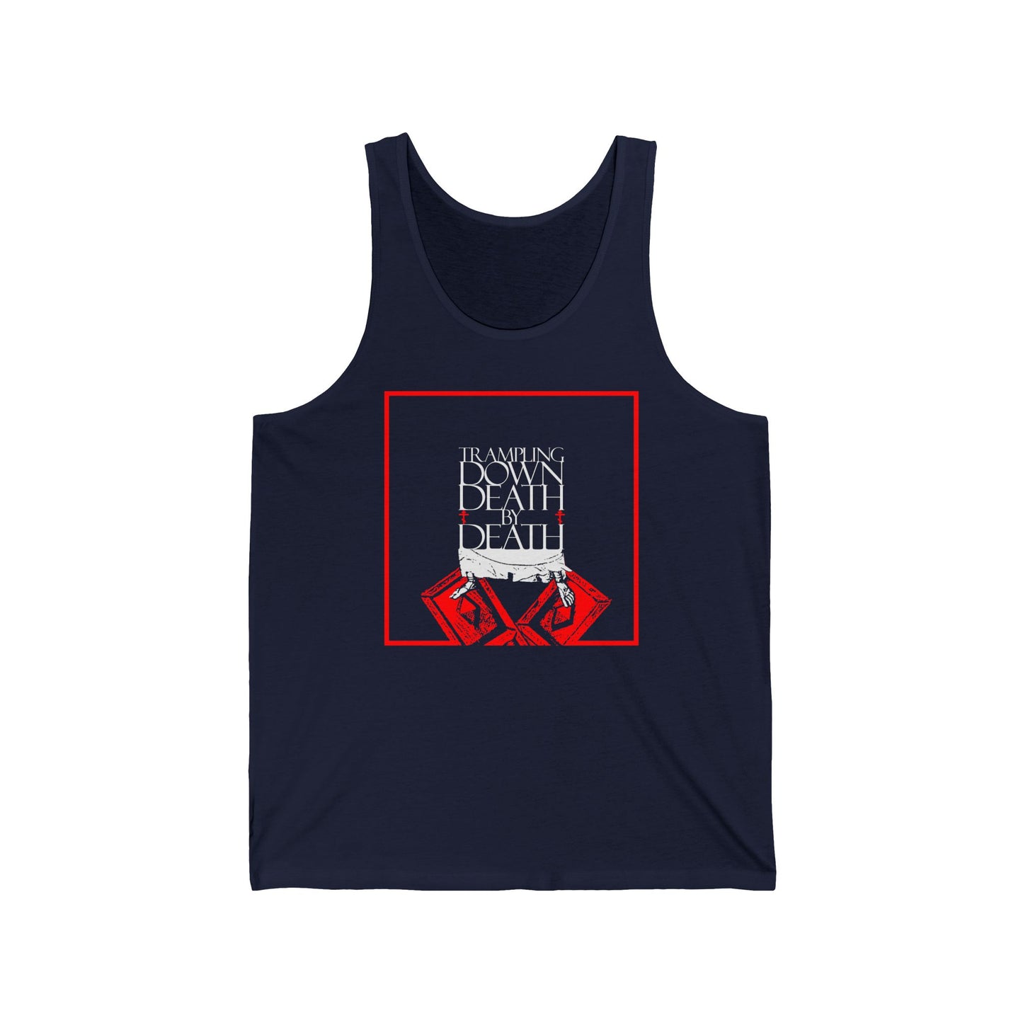 Navy Trampling Down Death By Death tank top featuring an iconographic Jesus' feet on the Gates of Hades design, celebrating Pascha and resurrection, in Orthodox Christian style.