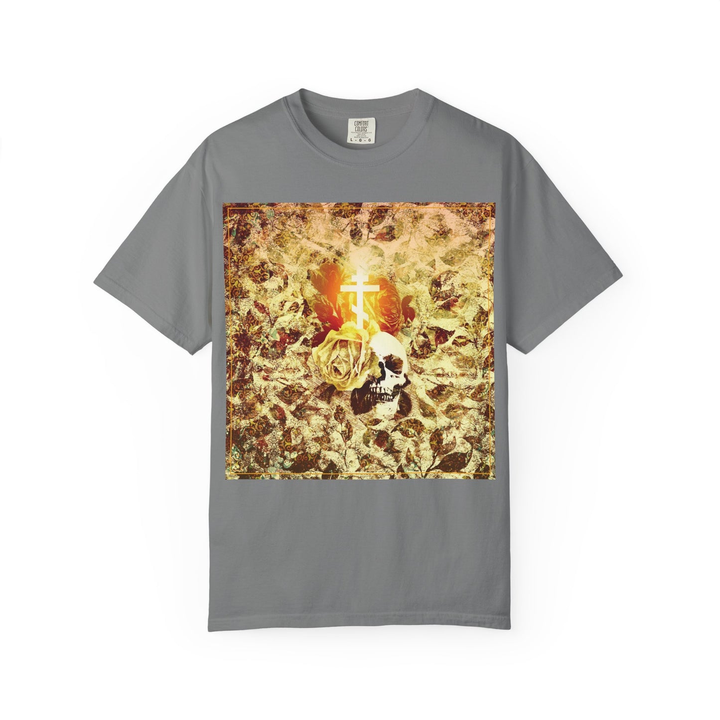 Grey Rose & Skull Glowing Orthodox Cross Tee—featuring a gothic Christian aesthetic with a striking floral texture graphic at the center, inspired by the Ezekiel prophecy of the valley of dry bones; made with heavyweight cotton for a premium unisex fit.
