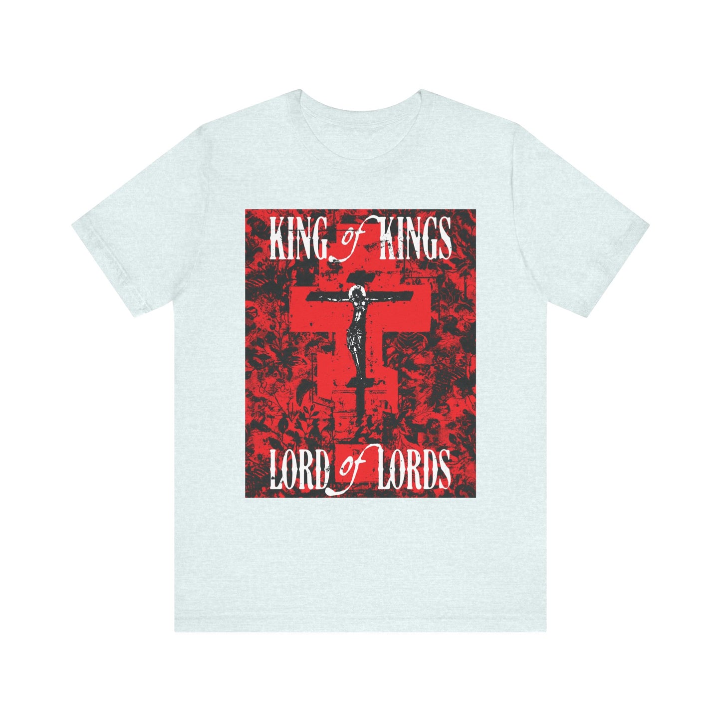 King of Kings, Lord of Lords | Christ Crucified Icono-Graphic | Red Cross Nature Texture w/ White Text | Lightweight Cotton Unisex Tee
