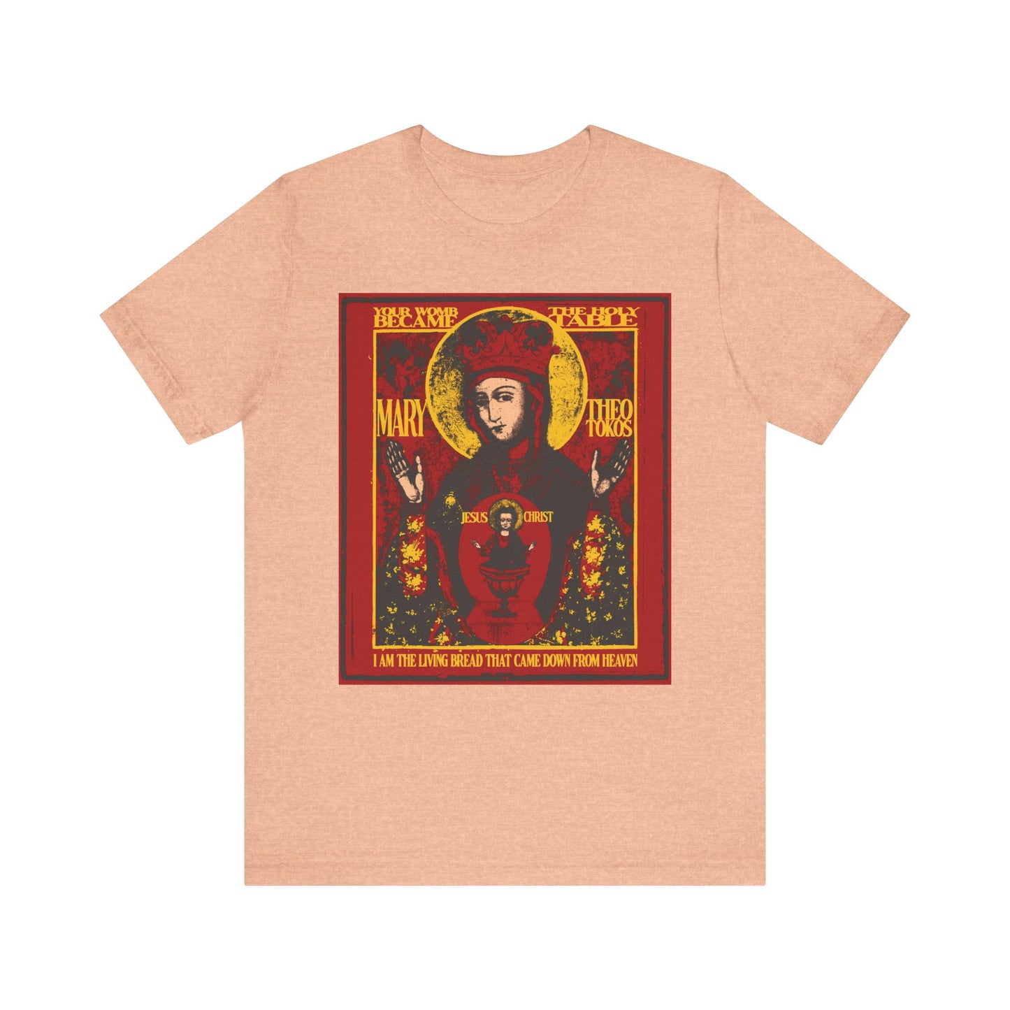 Heather peach unisex lightweight cotton tee featuring a red icon-style graphic inspired by the Nicaea Icon: the Most Holy Theotokos—Mother of God—holding bread and chalice, with gold and white text accents. Product name: Mother of God of Nicaea Christ In Chalice | Ancient IconoGraphic | Most Holy Theotokos Save Us | Orthodox Lightweight Cotton Unisex Tee.