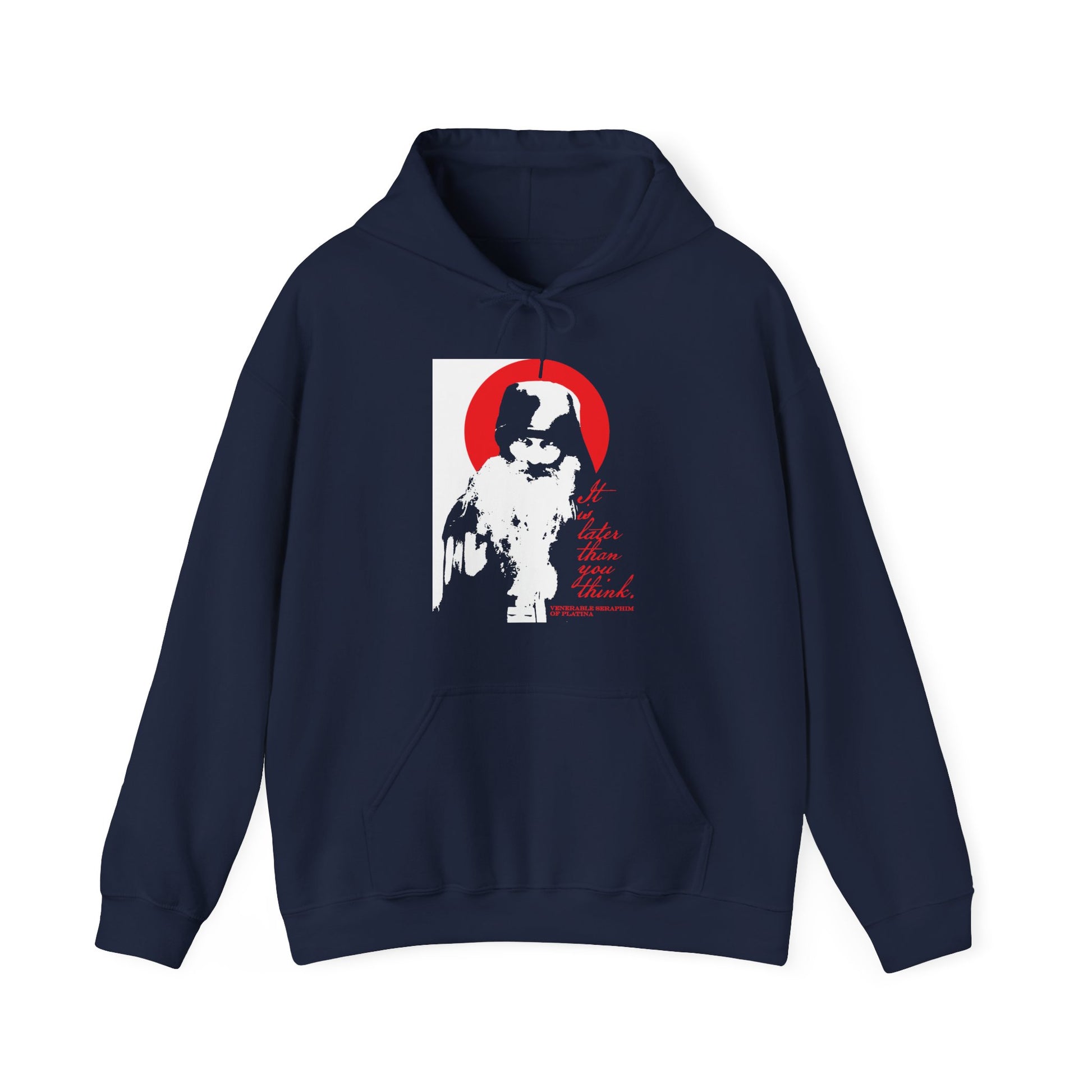 Remembrance of Death "It's Later Than You Think" hoodie features a high-contrast graphic of Fr Seraphim Rose with a red circle and text, inspired by modern Orthodox themes and memento mori spirituality.