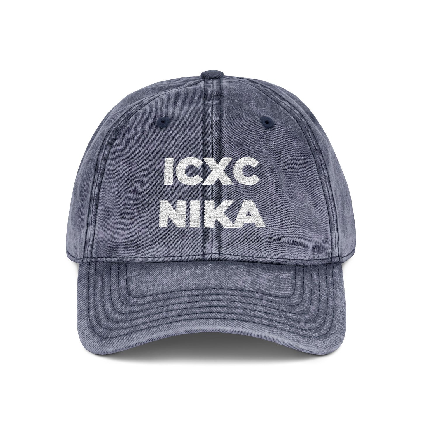 White ICXC NIKA Text Christogram | Orthodox Christian Symbol Meaning "Jesus Christ Conquers" | Christ is King | Denim Embroidered Cap