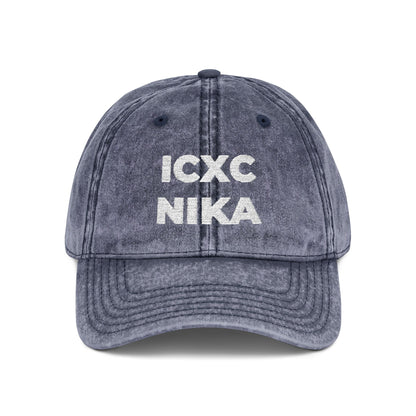 White ICXC NIKA Text Christogram | Orthodox Christian Symbol Meaning "Jesus Christ Conquers" | Christ is King | Denim Embroidered Cap