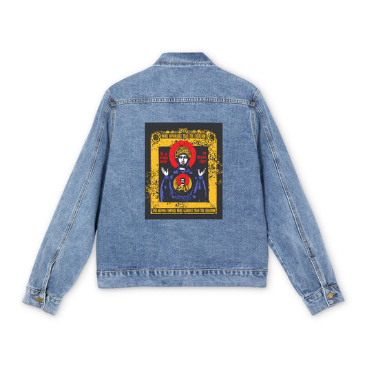 It is Truly Meet To Bless Thee Iconographic | Axion Estin Hymn to the Mother of God Theotokos | Orthodox Christian Blue Denim Jacket