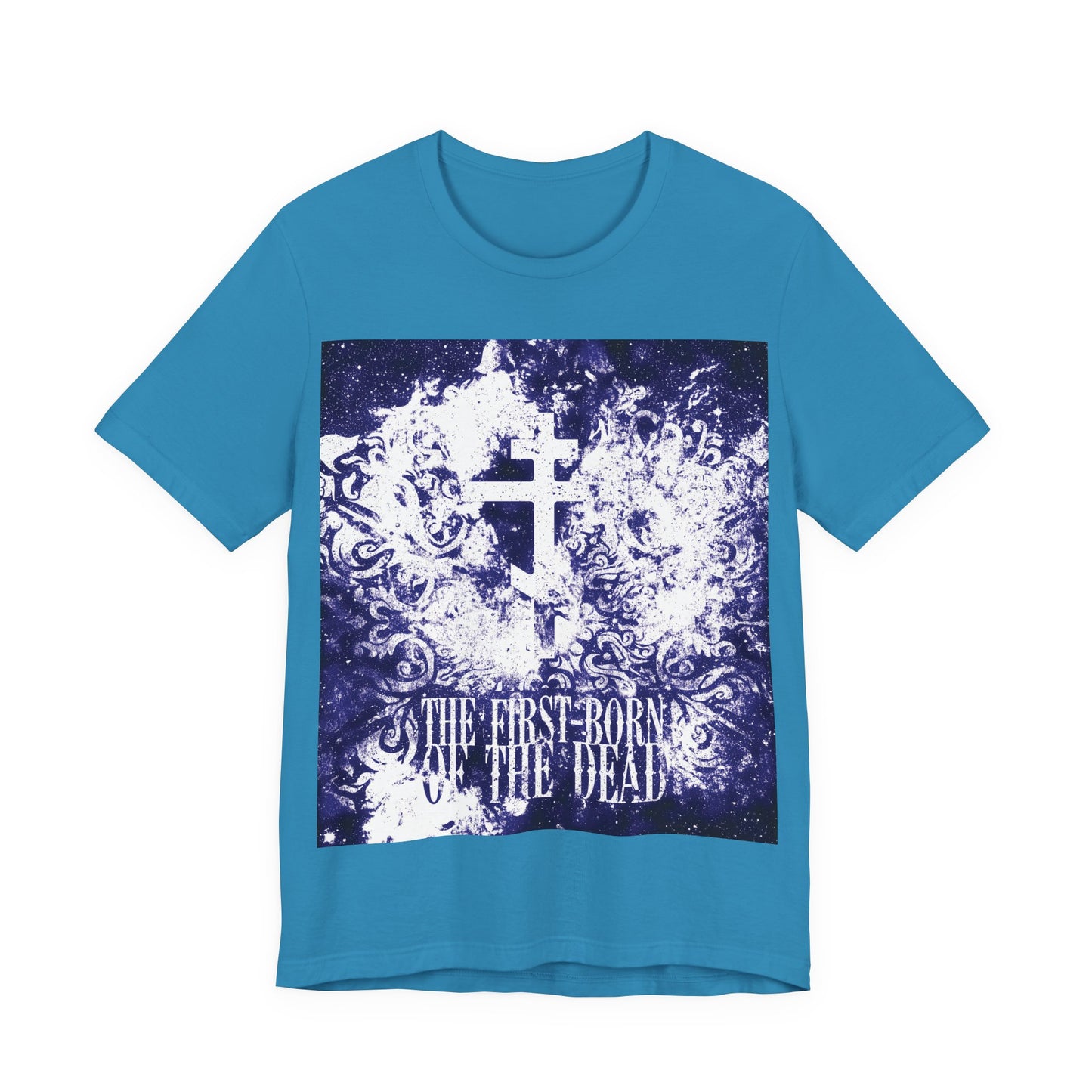The First-Born of the Dead | Glowing White & Blue Textured Cosmic Orthodox Cross | Resurrection & Apocalypse | Christian Unisex Cotton Tee