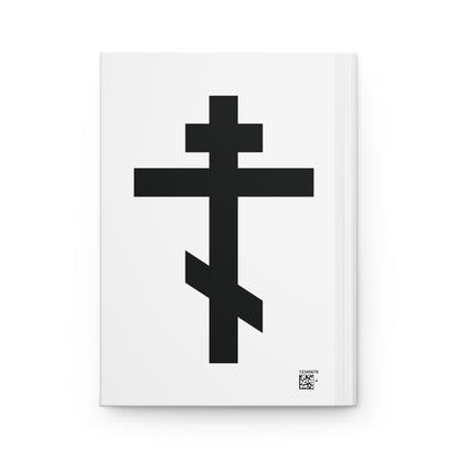 A hardcover journal titled "Black Orthodox Cross White Background" features a large black Eastern Orthodox cross on white and the quote "May I never boast, except in the cross of our Lord Jesus Christ" (Gal 6:14).