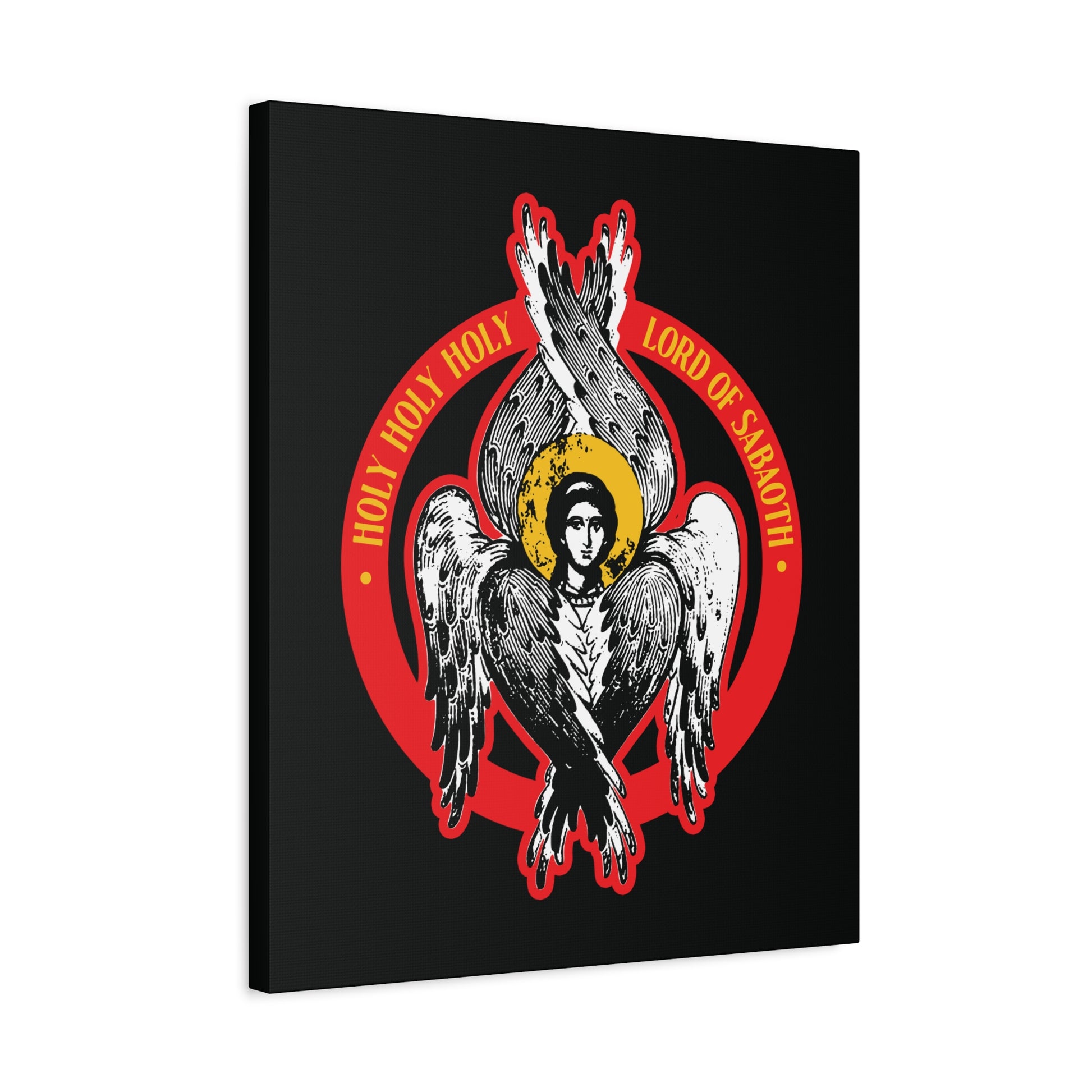 This Christian wall art features an Orthodox Seraphim angel with six wings, a halo, and red accents. Inspired by Isaiah 6, it displays "Holy Holy Holy, Lord of Sabaoth" from the Unseen Realm IconoGraphic collection.