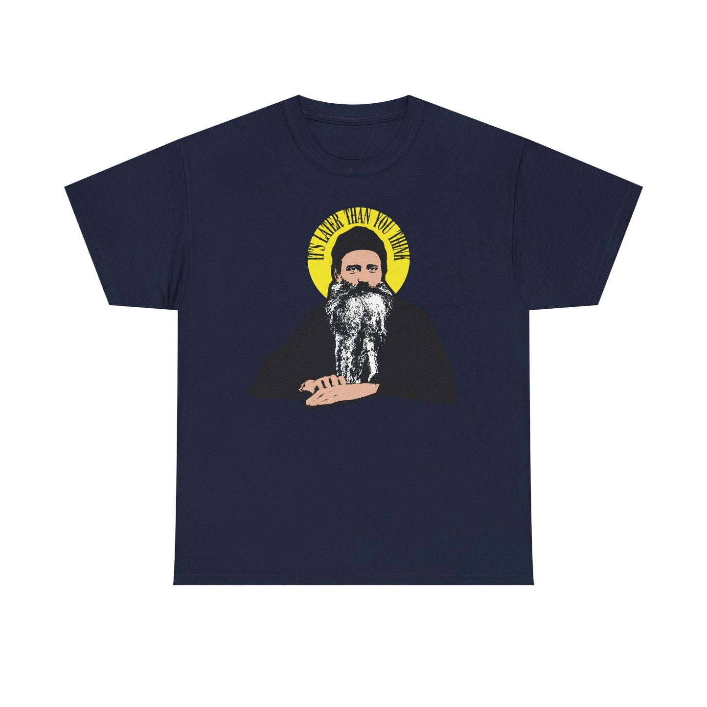 Navy "It's Later Than You Think" t-shirt featuring a Fr Seraphim Rose quote in a yellow halo—Modern American Orthodox Saint design on heavy cotton, inspiring Christian humility.
