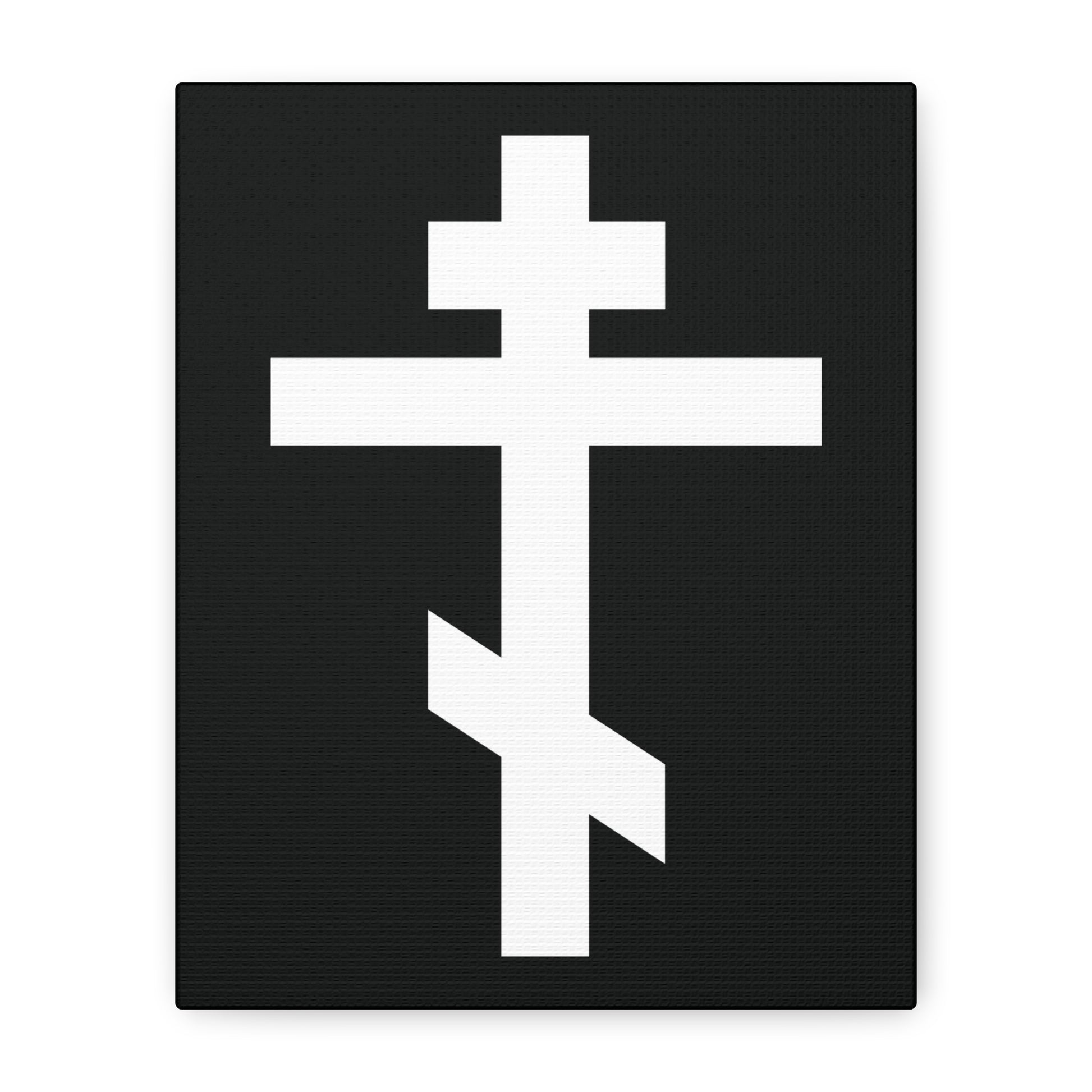 The "White Orthodox Cross | 'May I never boast, except in the cross of our Lord Jesus Christ' (Gal 6:14) | Orthodox Canvas Art" features a white three-barred cross symbolizing Christ on a black background.