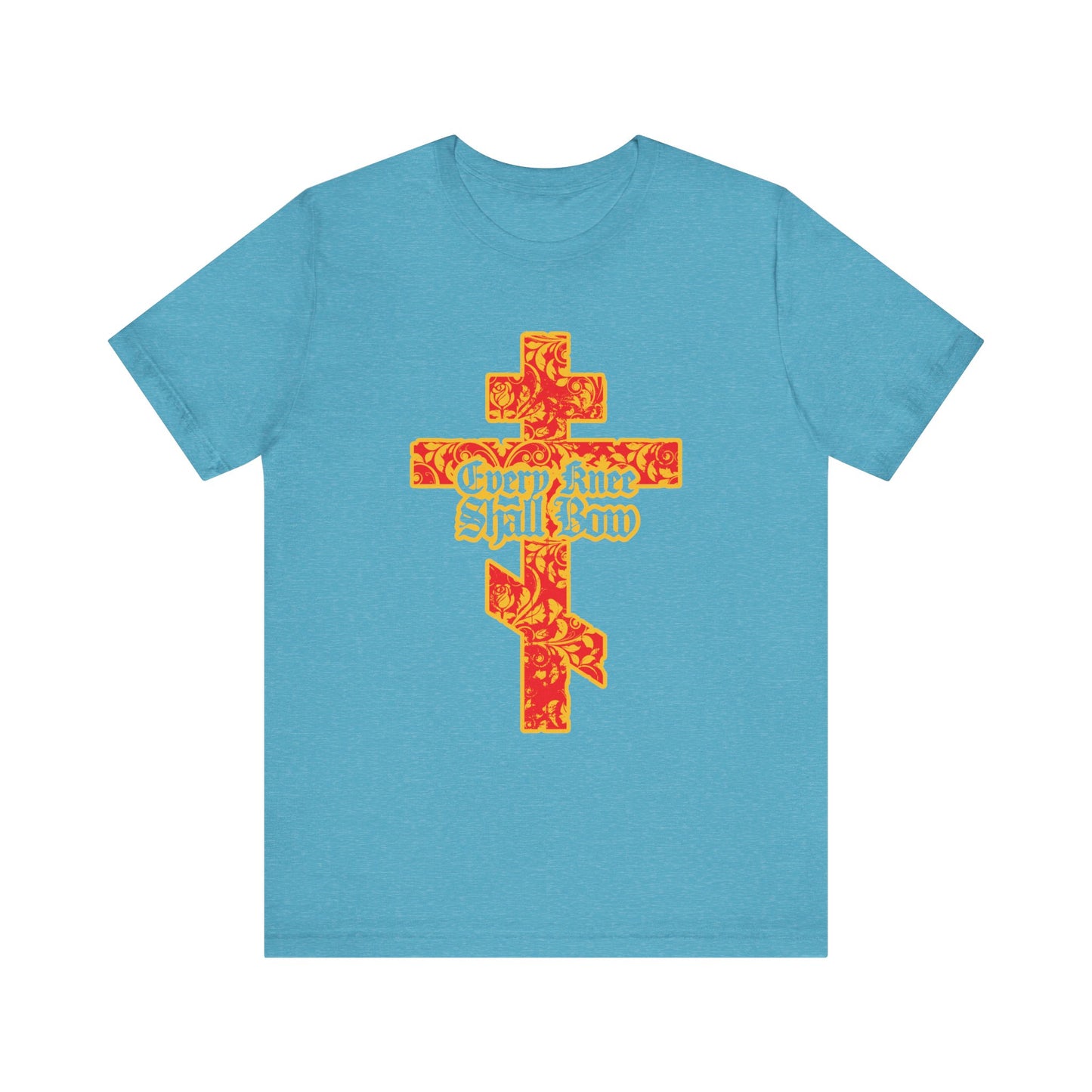 Heather Aqua t-shirt featuring a gold and red floral Orthodox cross with Gothic "Every Knee Shall Bow" lettering, inspired by Isaiah 45:22-24 and Philippians 2:7-11. Lightweight unisex cotton tee.
