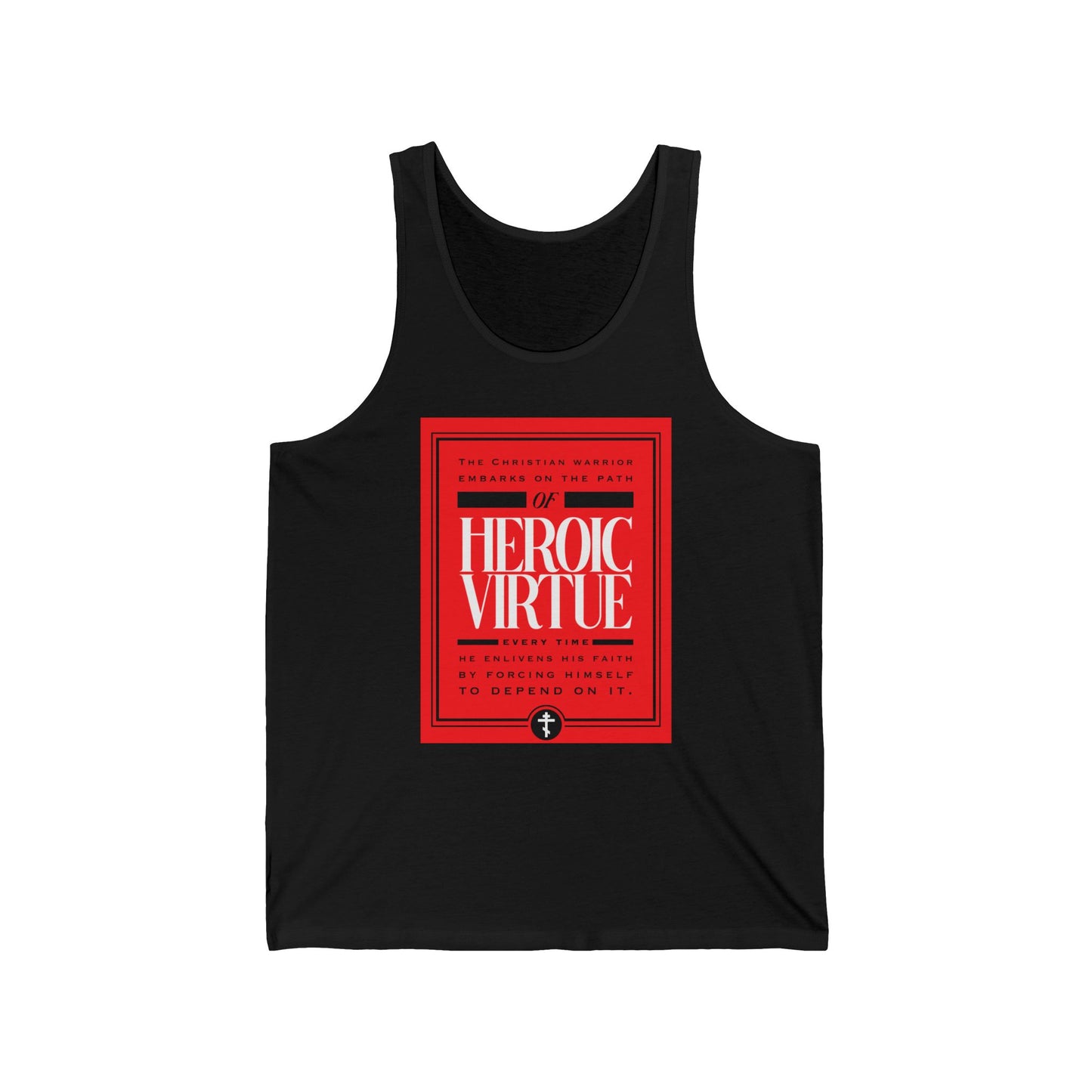 Black tank top featuring a bold "Path of Heroic Virtue" graphic, "Ascetic Ethos," and "All Things Through Christ (Phil 4:13)"—perfect for the Christian warrior who values faith, strength, and devotional inspiration.