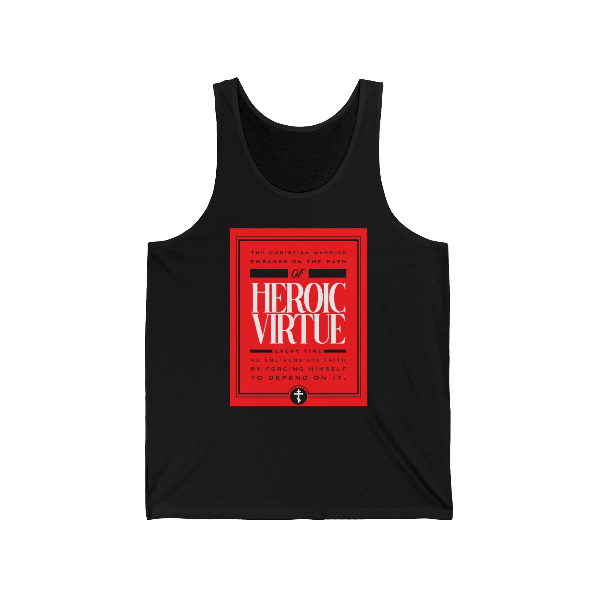 Black tank top featuring a bold "Path of Heroic Virtue" graphic, "Ascetic Ethos," and "All Things Through Christ (Phil 4:13)"—perfect for the Christian warrior who values faith, strength, and devotional inspiration.
