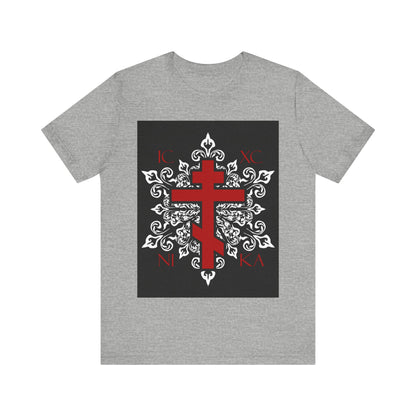 ICXC / NIKA Red Orthodox Cross on Ornate White Medieval Floral Design | Exclusive Best-Selling Orthodox Christian T-Shirt