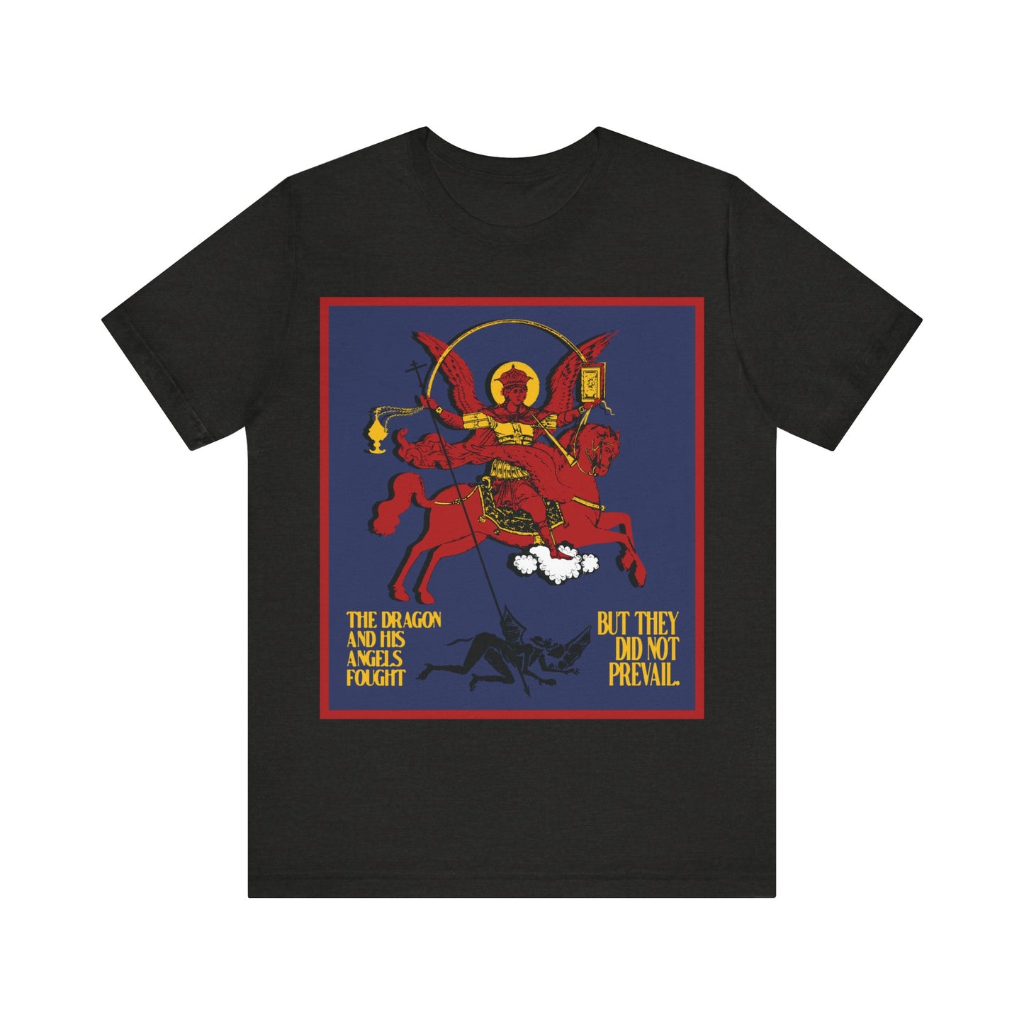 Archangel Michael of the Apocalypse IconoGraphic (Revelation 12:7-8) | Red Angel and Horse on Blue Background | Orthodox Christian T-Shirt