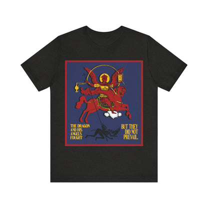 Archangel Michael of the Apocalypse IconoGraphic (Revelation 12:7-8) | Red Angel and Horse on Blue Background | Orthodox Christian T-Shirt