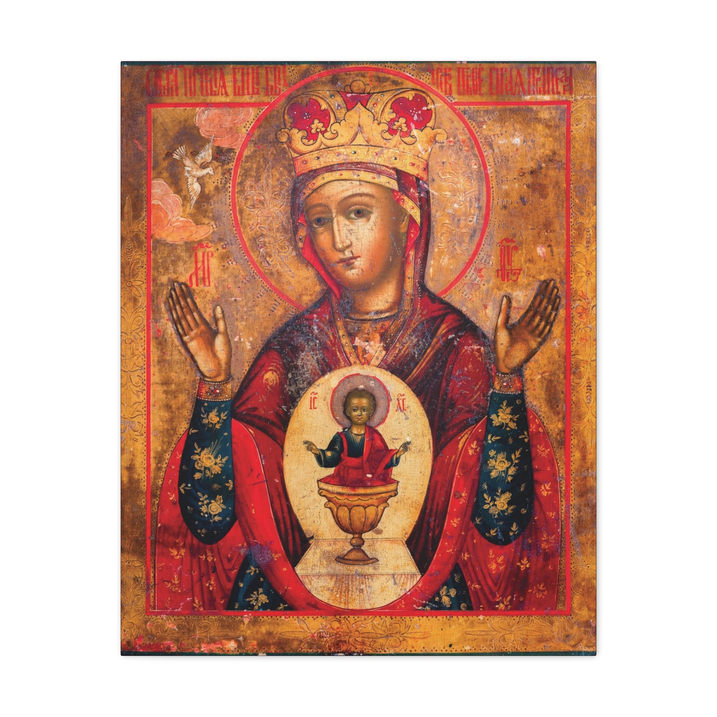 Mother of God of Nicaea Russian Orthodox Christian Icon (Panagia)—a depiction of Theotokos Mary, the crowned Virgin with raised hands and the Christ child as Heavenly Bread in a chalice on her chest, set against a gold background—beautiful religious canvas sacred wall art.