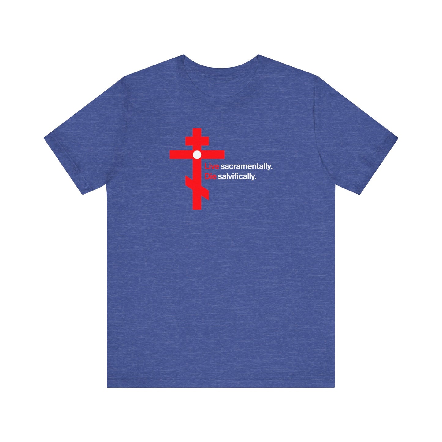 Heather True Royal unisex cotton tee featuring a red Orthodox cross in a white circle and "Live Sacramentally, Die Salvifically" text. Inspired by St John Climacus; embrace repentance, holy humility. Memento Mori collection.