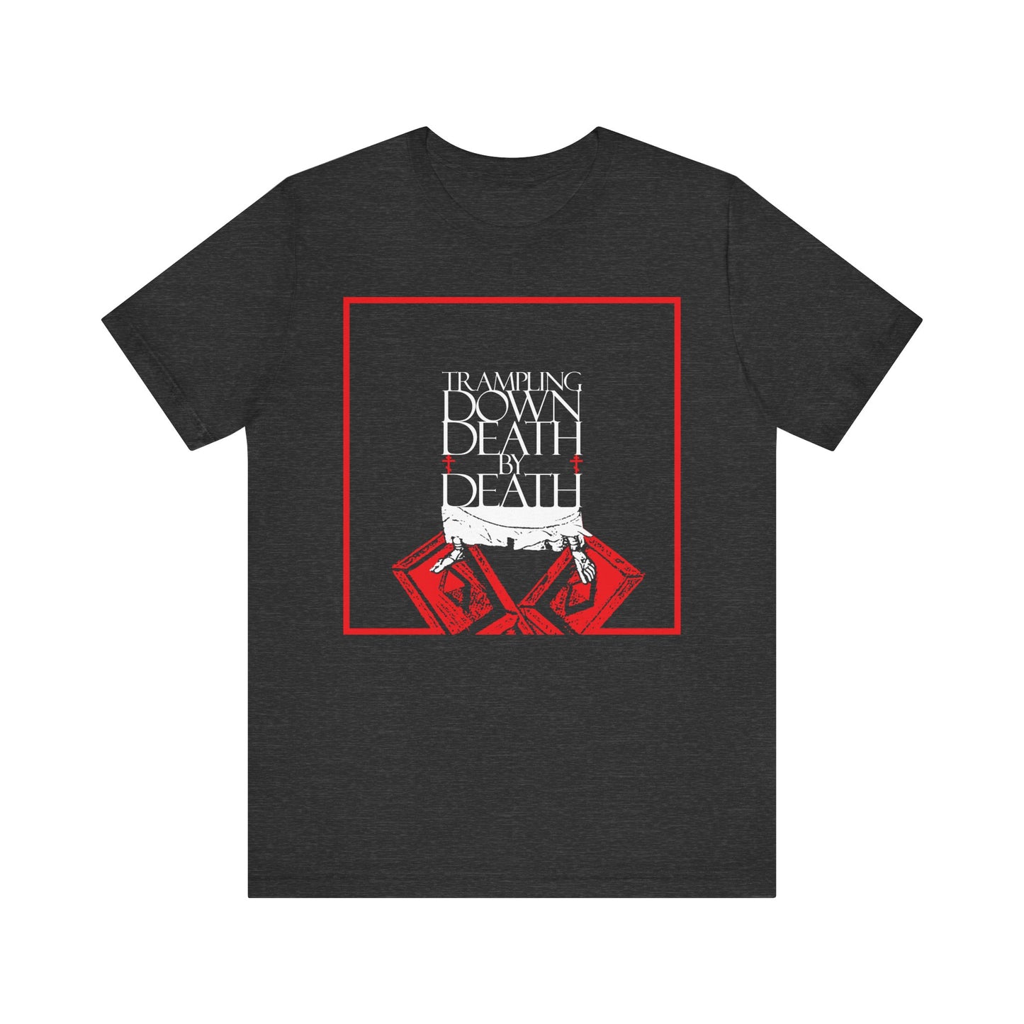 Dark Grey Heather unisex tee featuring bold "Trampling Down Death by Death" text and a red abstract graphic of Jesus’ feet on the Gates of Hades—an Orthodox Pascha homage to resurrection and eternal life. Lightweight cotton for comfort.
