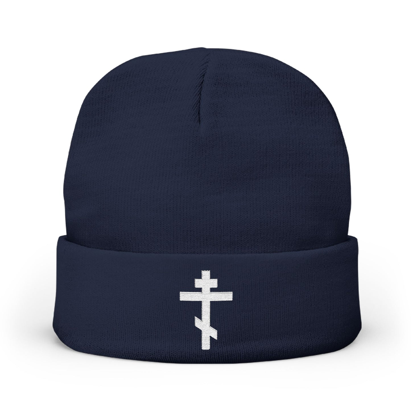 Dark navy beanie embroidered with the Simple White Orthodox TriBar Cross and “Nail My Passions to the Wood of Thy Precious Cross O Lord”—a statement of Orthodox Christian faith.