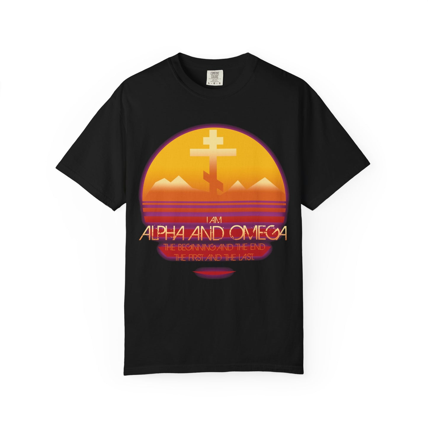 Black Alpha & Omega Beginning & End (Rev 22:13) unisex heavyweight cotton tee, featuring an 80s aesthetic design with a vibrant sunset, Orthodox cross, majestic mountains, and the phrase “I am Alpha and Omega” inspired by Revelation 22:13 and the promise of the tree of life.