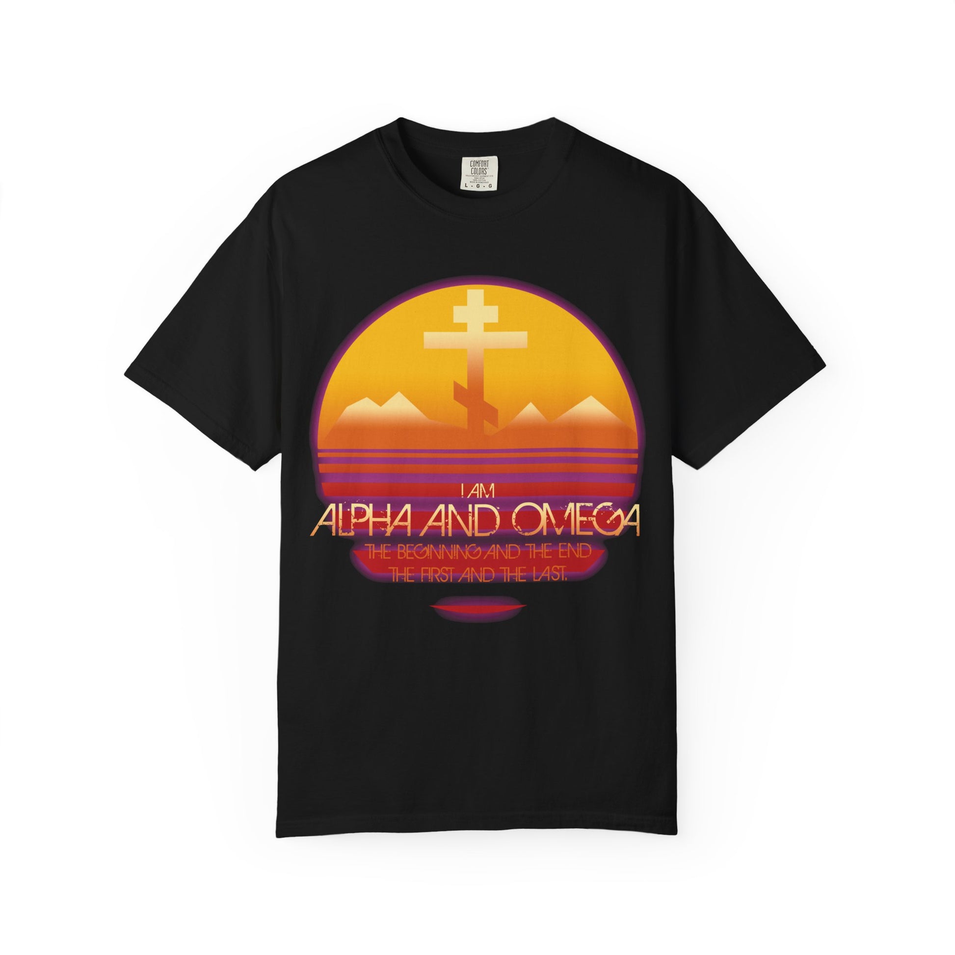 Black Alpha & Omega Beginning & End (Rev 22:13) unisex heavyweight cotton tee, featuring an 80s aesthetic design with a vibrant sunset, Orthodox cross, majestic mountains, and the phrase “I am Alpha and Omega” inspired by Revelation 22:13 and the promise of the tree of life.