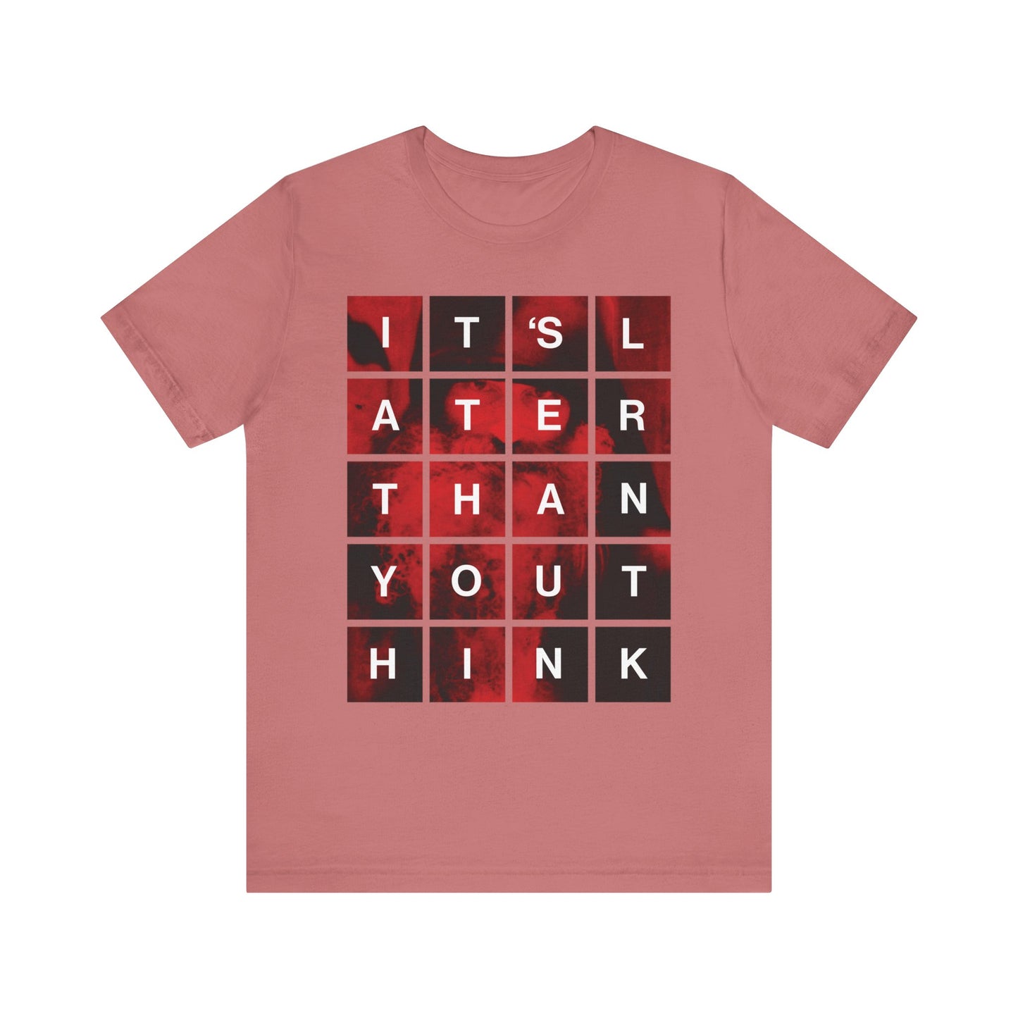Mauve "It's Later Than You Think" lightweight cotton unisex tee, featuring a modern red and black block design inspired by St. Seraphim Rose—a bold Orthodox Christian reminder about repentance and salvation in the Kingdom of God.