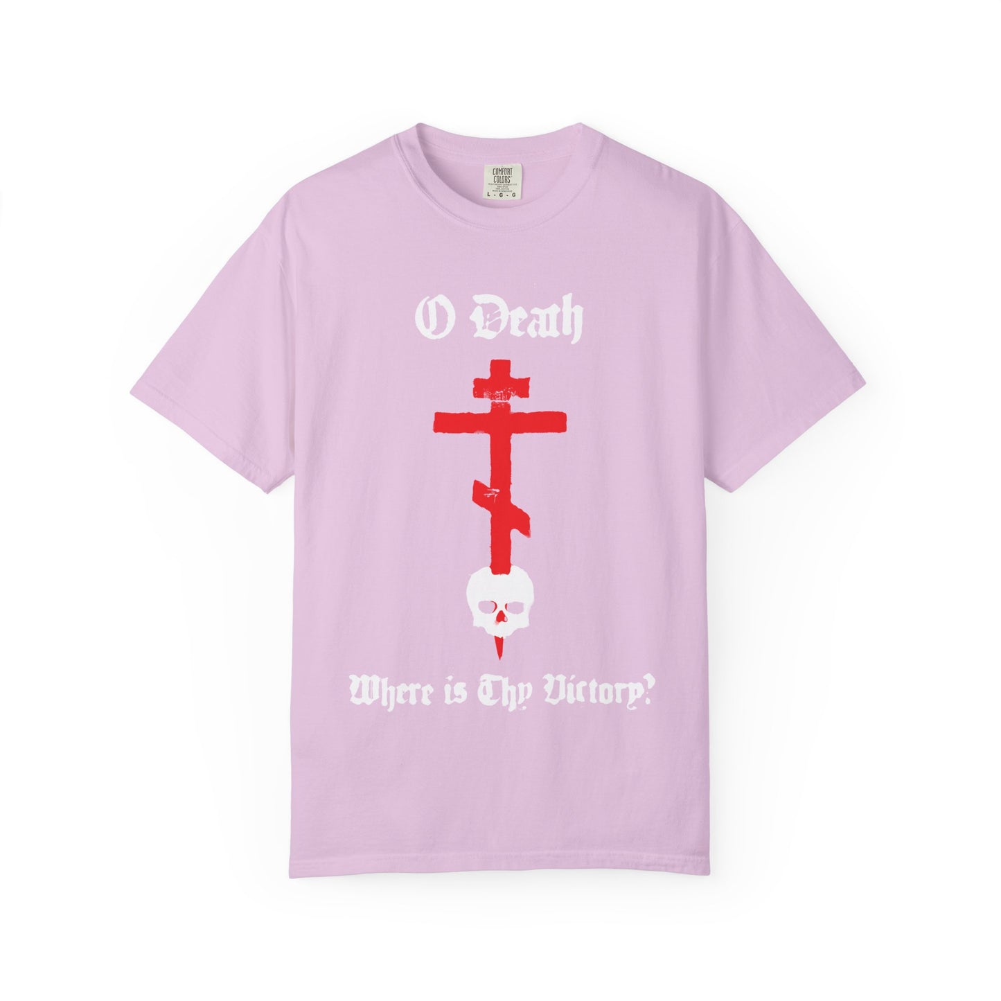Orchid "O Death Where is Thy Victory? 1 Cor 15:55" unisex tee features a spraypaint-style red cross piercing a white skull—Orthodox heavyweight cotton, bold resurrection theme.