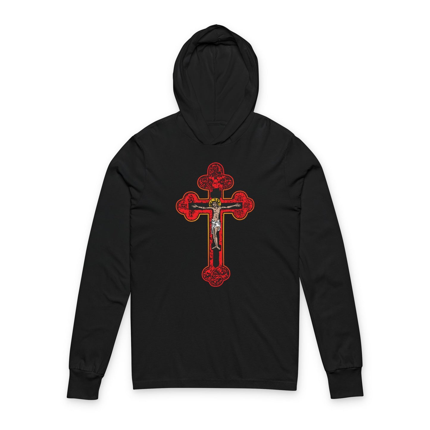 Black "Red Orthodox Christian Crucifix" cotton hoodie features a bold Byzantine Golgotha Cross with gold, red, and crucifix details. Inspired by Isaiah 53:3-5's "man of sorrows." Color: Black.