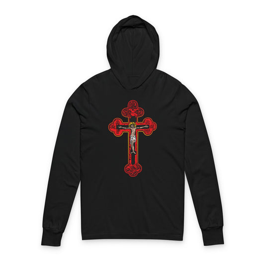 Black "Red Orthodox Christian Crucifix" cotton hoodie features a bold Byzantine Golgotha Cross with gold, red, and crucifix details. Inspired by Isaiah 53:3-5's "man of sorrows." Color: Black.