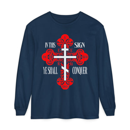 True Navy long-sleeve shirt with a red ornate Orthodox cross, “In This Sign Ye Shall Conquer,” and "ICXC NIKA"—a bold Christian design proclaiming Jesus Christ Conquers.