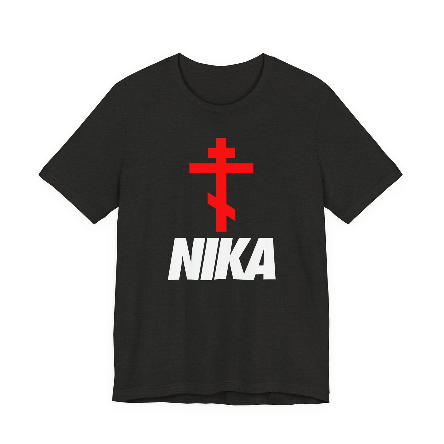 Black Heather t-shirt with a red Orthodox cross and bold white NIKA text, inspired by Christian iconography. Features a minimalist design and mashup style for an athletic, ascetic look.