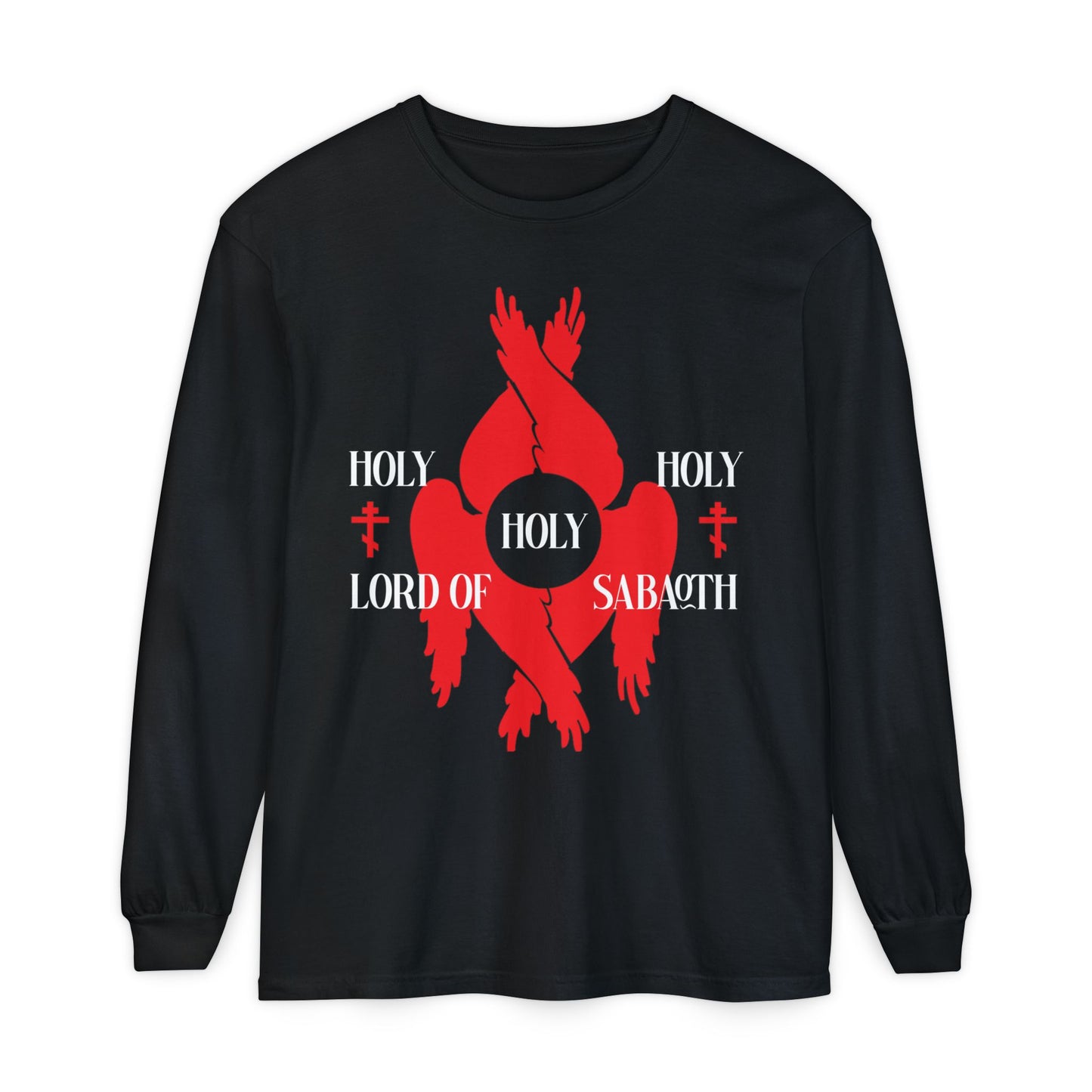 Black long-sleeve cotton shirt with red seraphim wings, Orthodox crosses, and "Holy Holy Holy Lord of Sabaoth" from Isaiah 6:3.