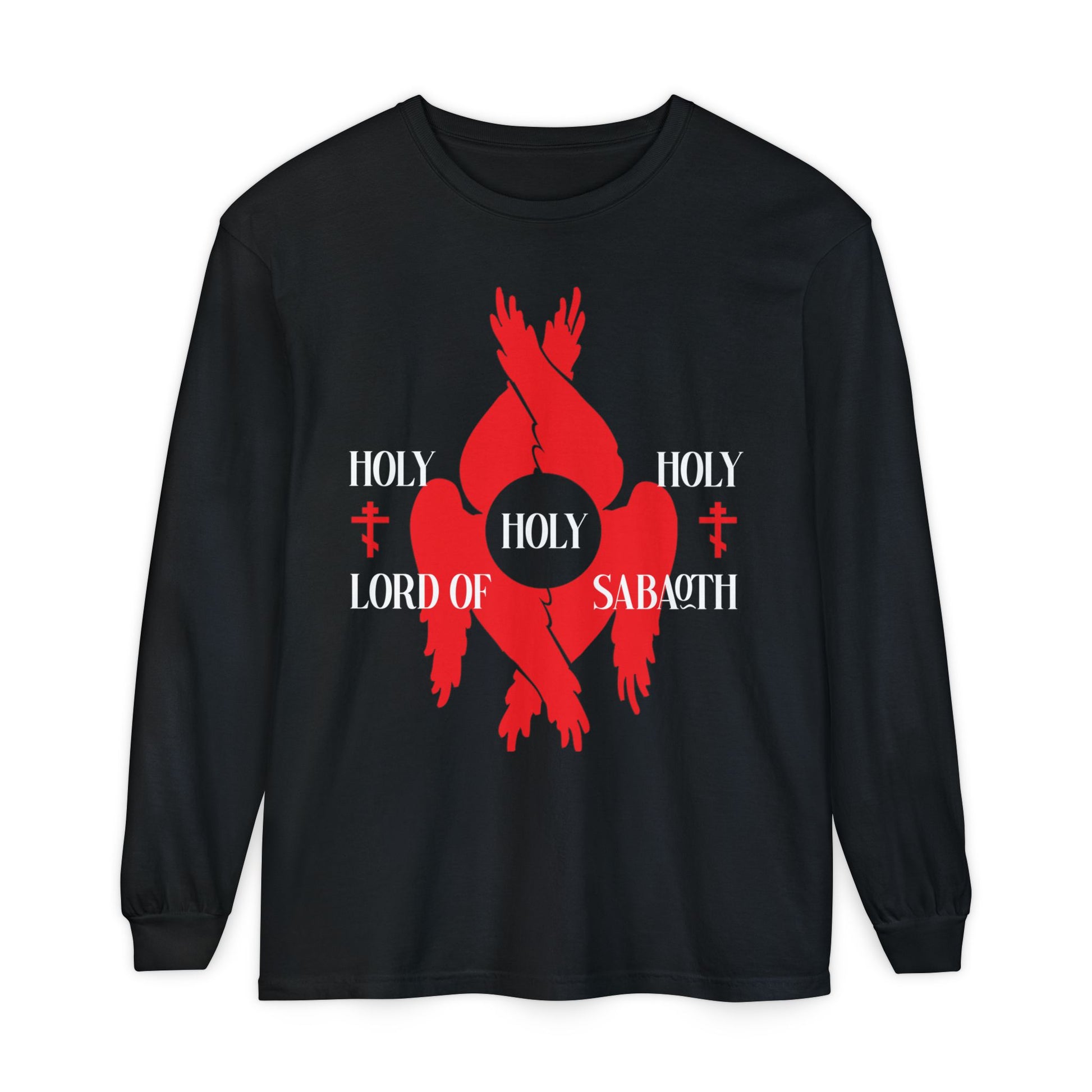 Black long-sleeve cotton shirt with red seraphim wings, Orthodox crosses, and "Holy Holy Holy Lord of Sabaoth" from Isaiah 6:3.