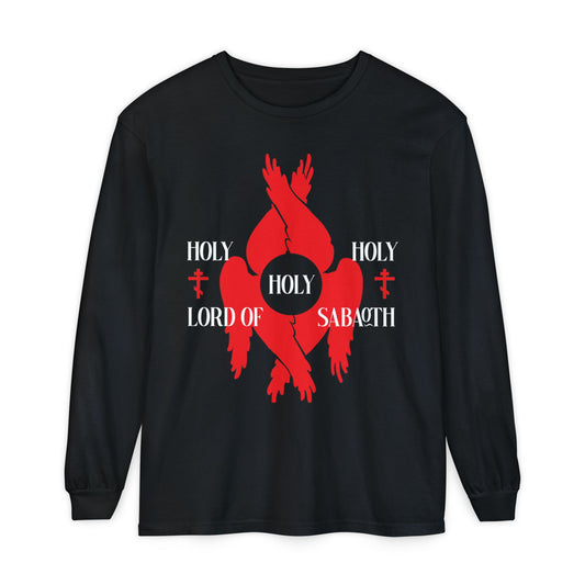 Black long-sleeve cotton shirt with red seraphim wings, Orthodox crosses, and "Holy Holy Holy Lord of Sabaoth" from Isaiah 6:3.