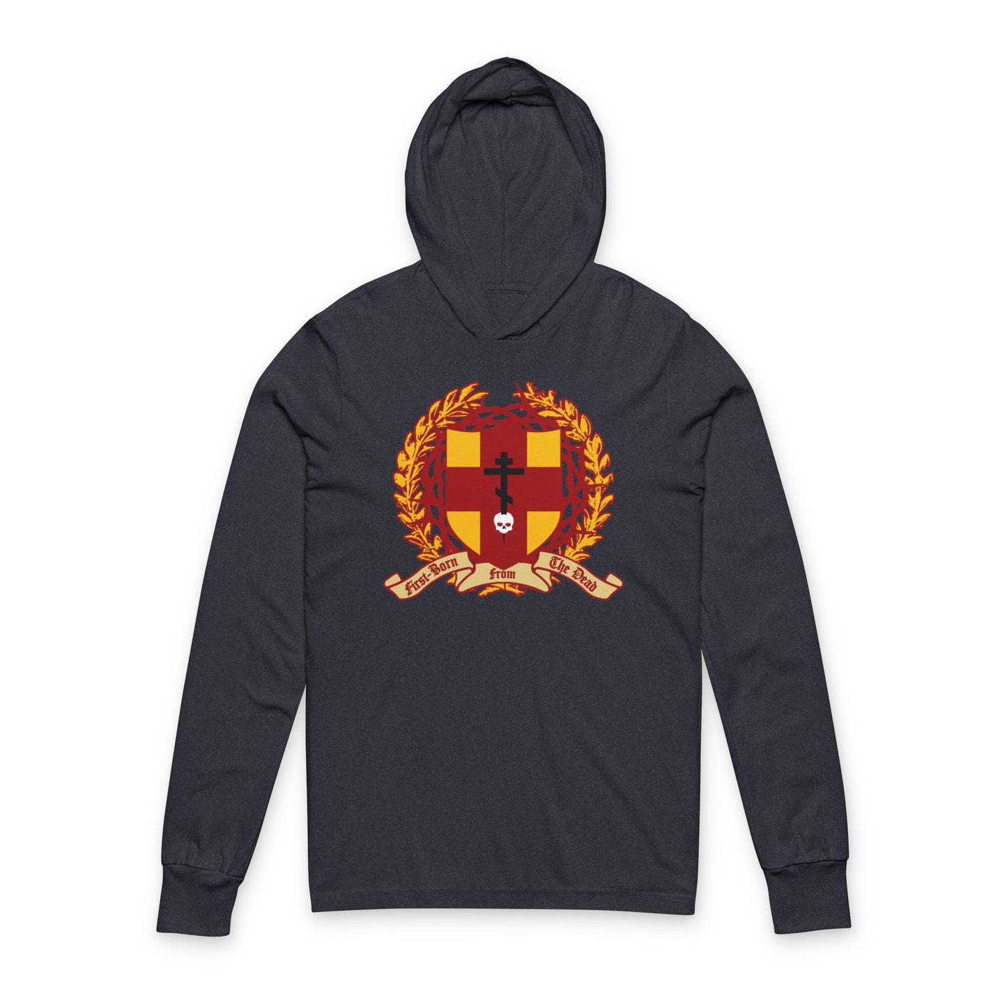 Heather navy Christian hooded cotton shirt featuring an Orthodox cross piercing a skull with a shield, victory wreath, and crown of thorns—design inspired by Colossians 1:18 "First-Born from the Dead.