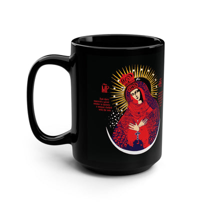 Our Lady the Gate of Dawn Icono-Graphic | Theotokos Crowned | Woman of the Apocalypse | Red Blue & Gold Design | Orthodox Christian Black Mug