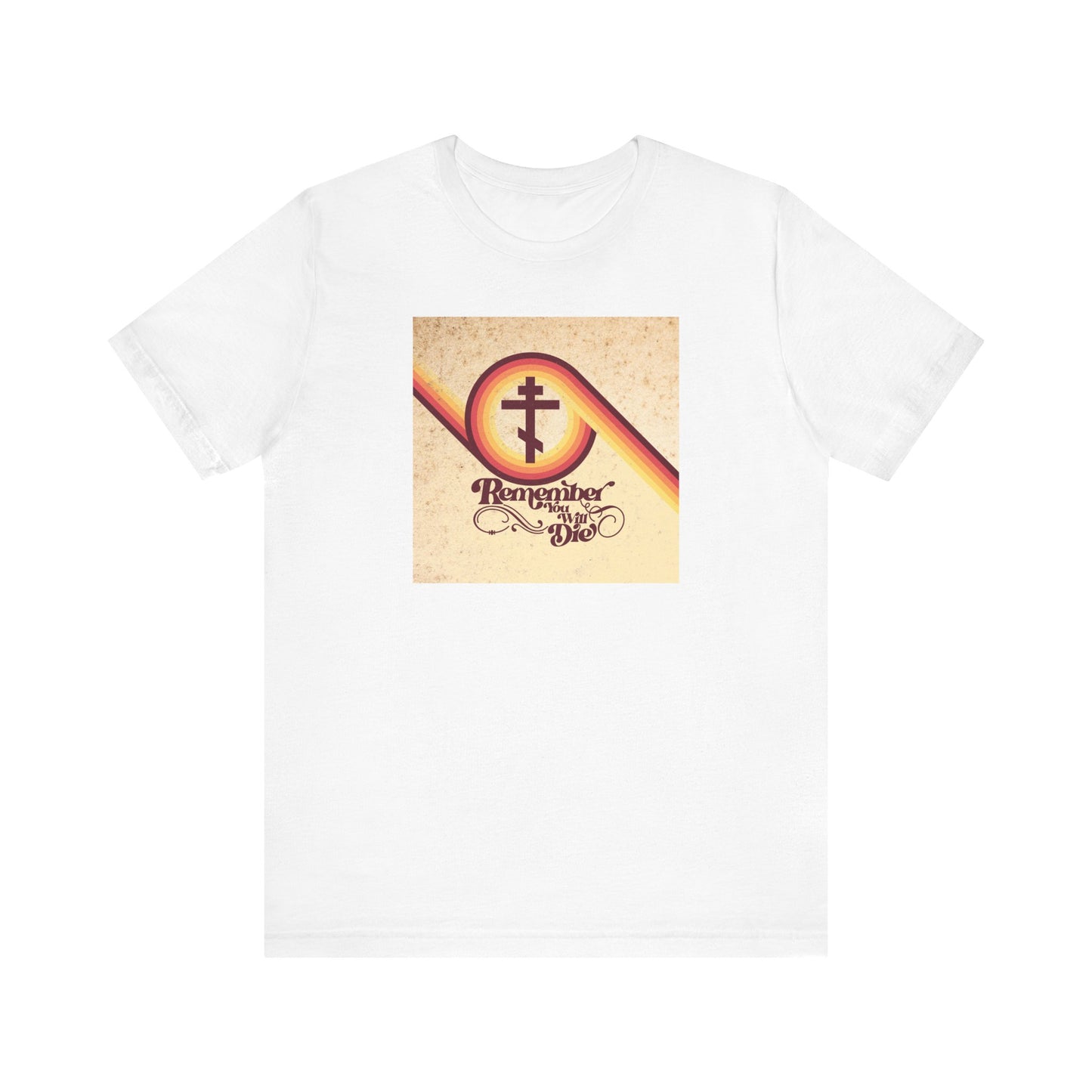 White "Remember You Will Die" 70s Aesthetic lightweight cotton unisex tee, featuring a vintage cross design with the words "Remember His Love" in stylized text beneath it, inspired by the parable of the rich fool from Luke 12:16-21.