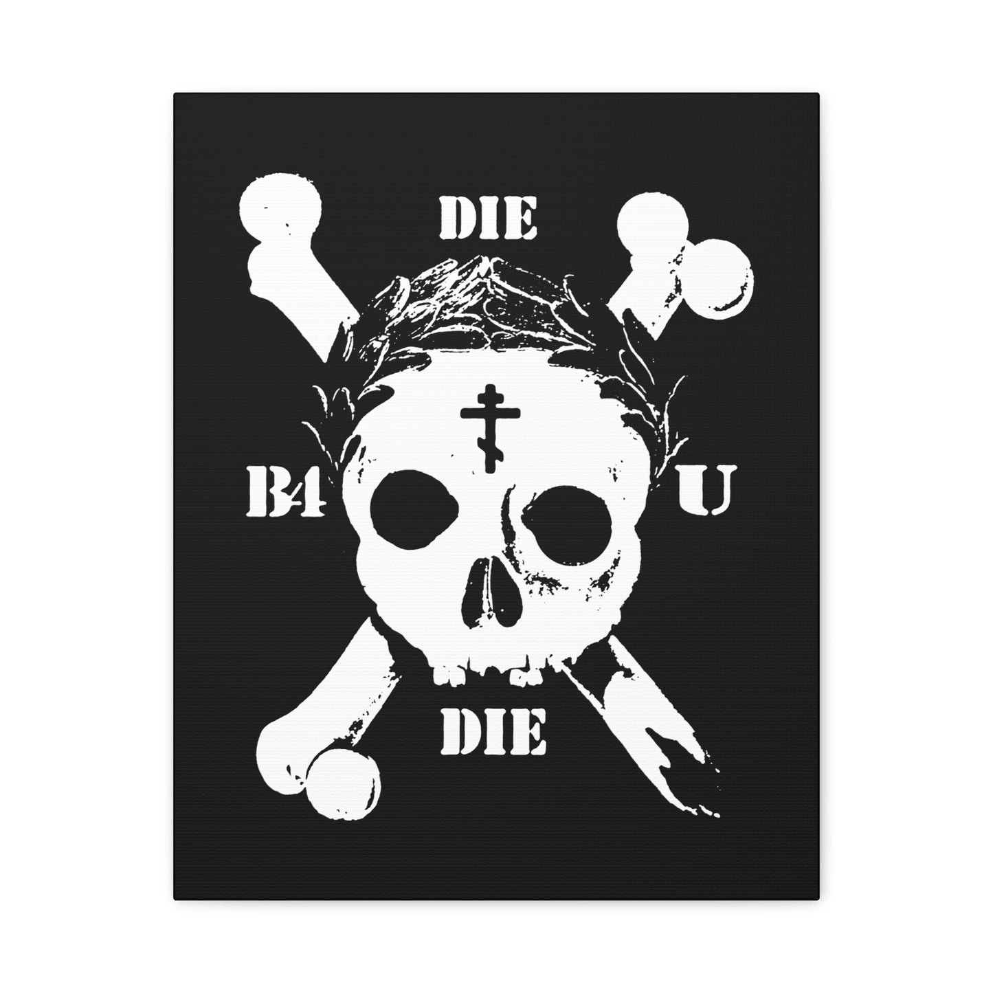 Die Before You Die | Retro Skull & Crossbones, Orthodox Cross & Laurel Wreath—ascetic Christian wall art inspired by Matthew 16:24-25 and the call to deny oneself; a powerful memento mori for your space.