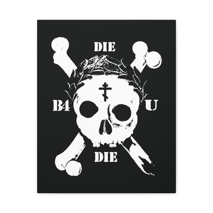 Die Before You Die | Retro Skull & Crossbones, Orthodox Cross & Laurel Wreath—ascetic Christian wall art inspired by Matthew 16:24-25 and the call to deny oneself; a powerful memento mori for your space.