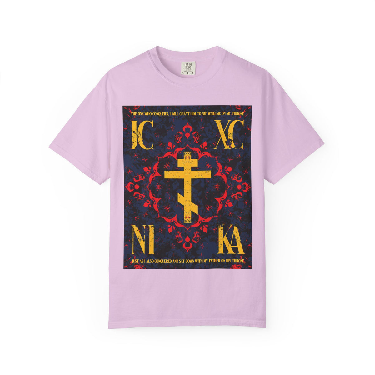 Orchid IC XC NIKA Orthodox Cross T-shirt featuring a medieval floral design in gold, red, and black, adorned with Greek letters and text inspired by “The One Who Conquers” (Revelation 3:21), celebrating the grace of God.